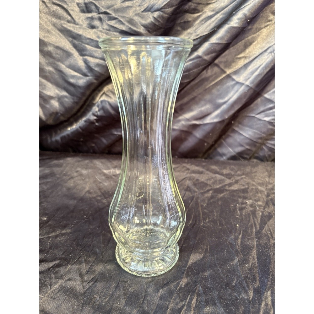 Vintage Dynasty 7.5" Bud Vase Clear Beveled Glass Ribbed Round pattern.